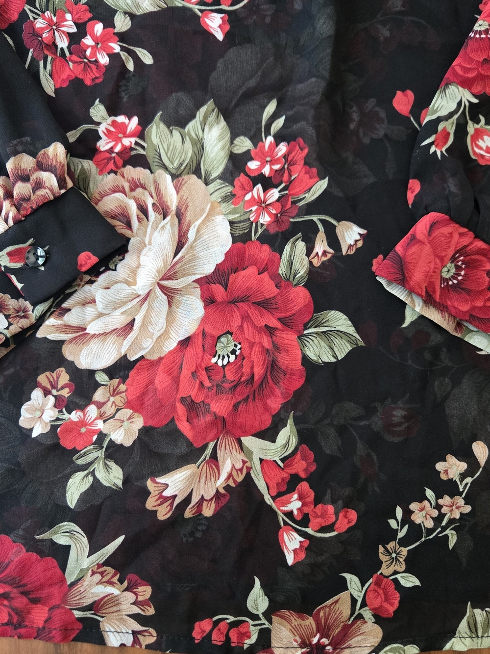 Romantic Whimsigoth Floral Blouse Sheer Smocked Cuffed Sleeve Red Cream 2x - Picture 3 of 6